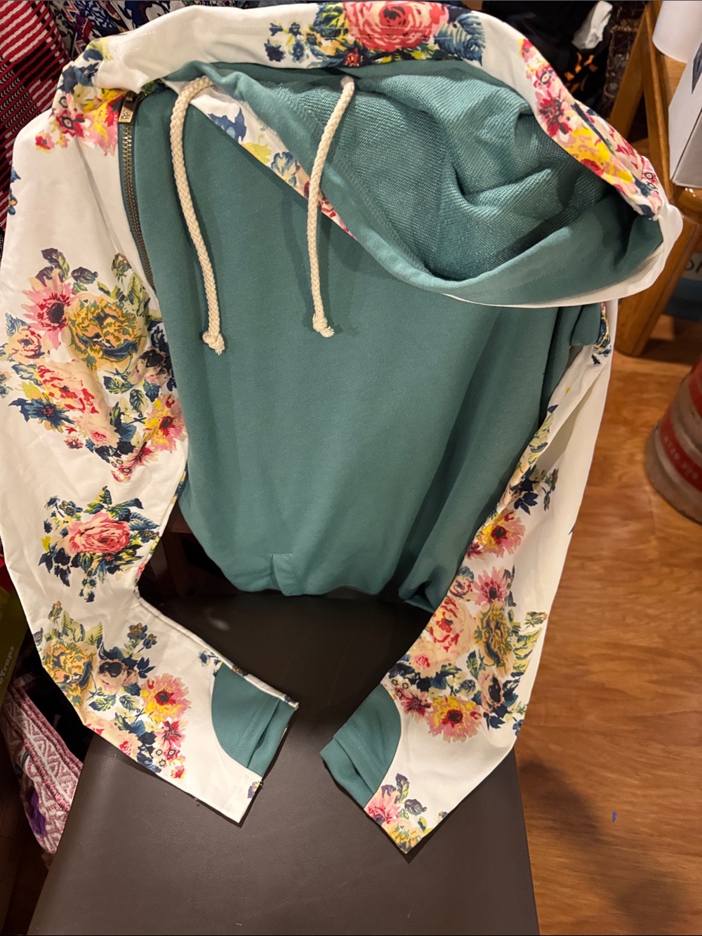 AMPERSAND AVE Teal Hooded Sweatshirt with White Floral Trim
